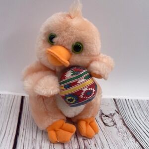 Vintage Peach Plush Easter Duckling Chick with Patterned Egg 6 Inch Green Eyes